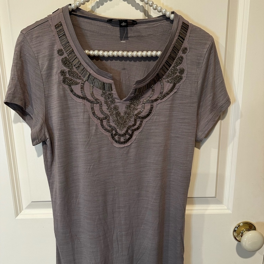 Banana Republic Gray Embellished Short Sleeve Top